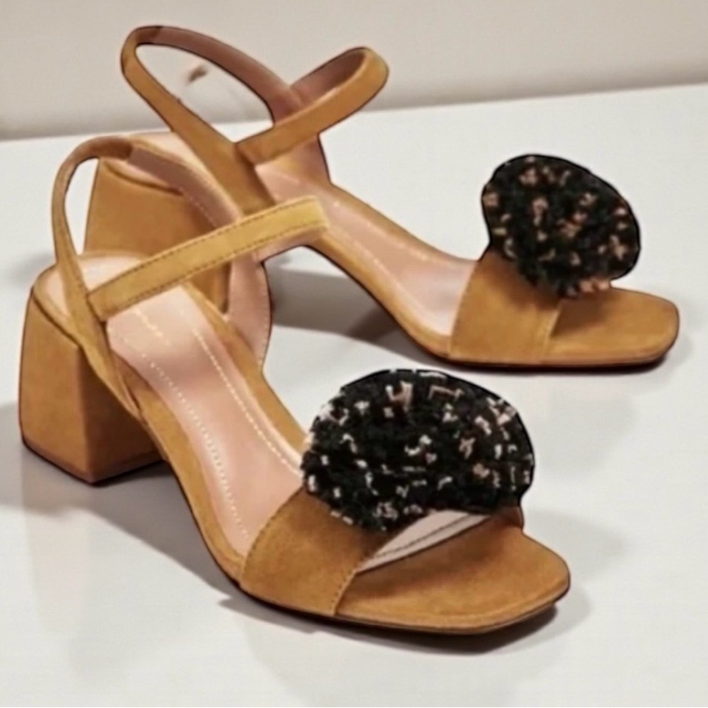 Zara Tan Suede Block Heel Sandals Sz 9 - Picture 3 of 5